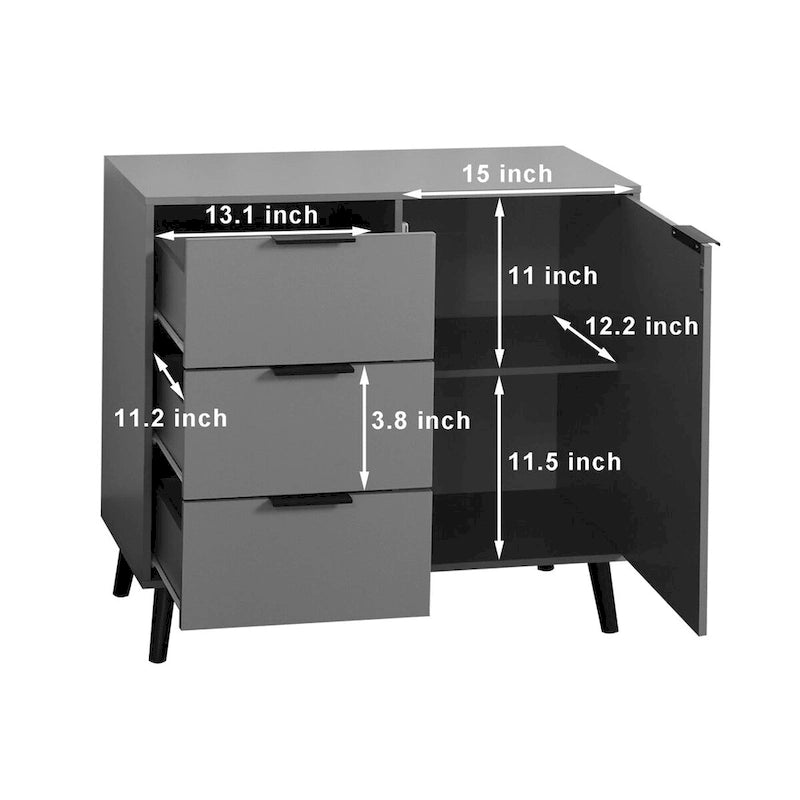 Armoire de rangement mi-siècle gris/bois naturel avec 3 tiroirs et une porte
