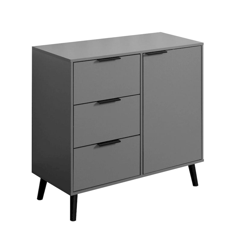 Armoire de rangement mi-siècle gris/bois naturel avec 3 tiroirs et une porte