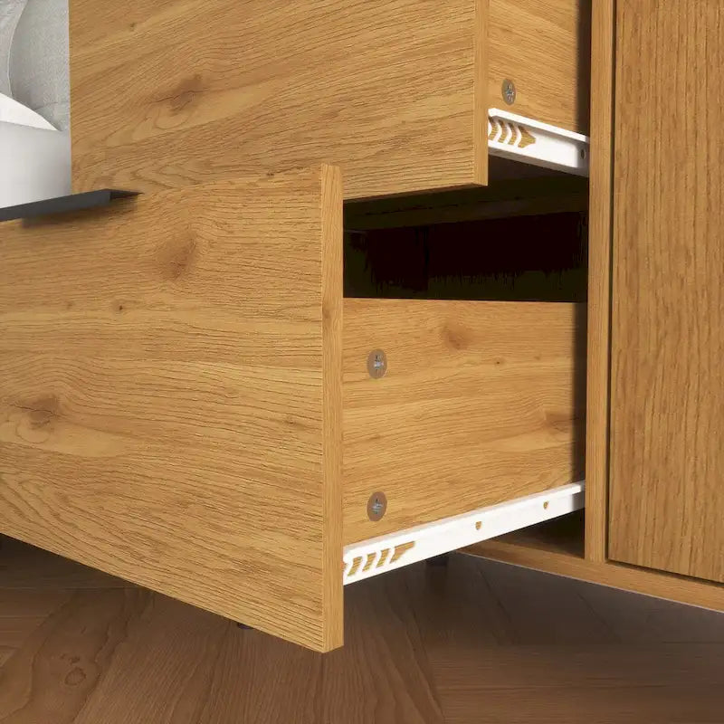 Armoire de rangement mi-siècle gris/bois naturel avec 3 tiroirs et une porte