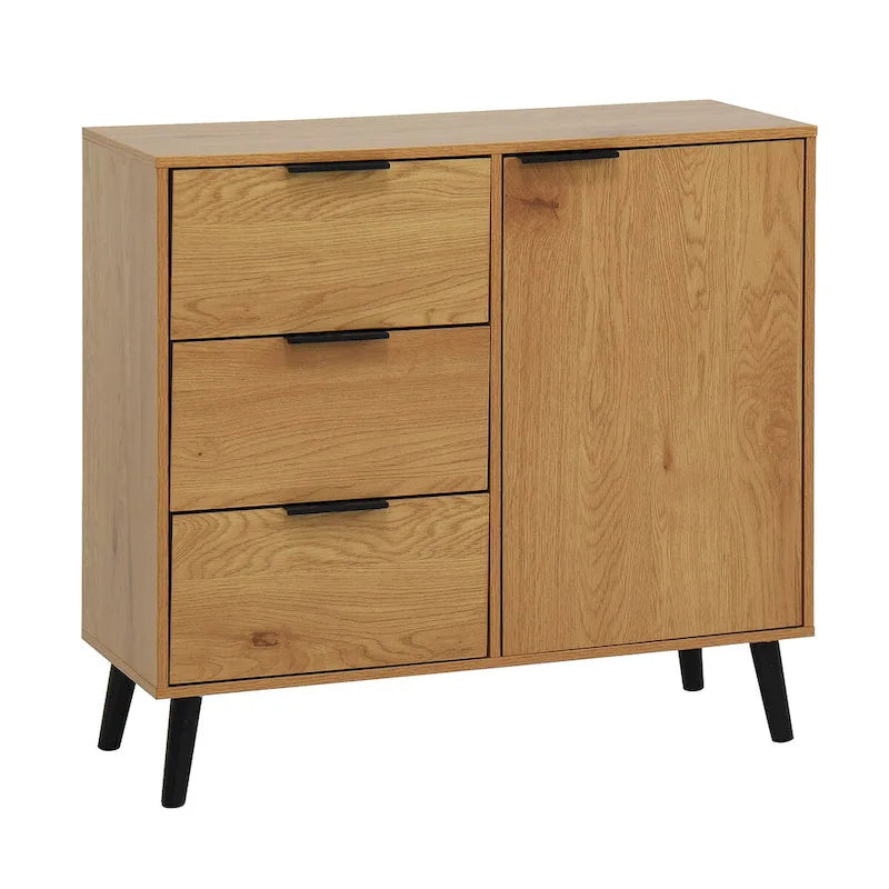 Armoire de rangement mi-siècle gris/bois naturel avec 3 tiroirs et une porte