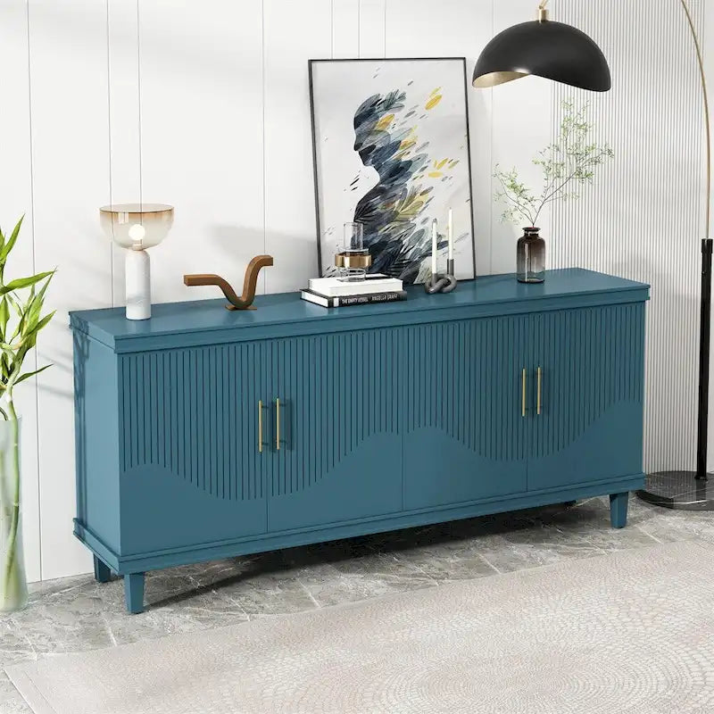 Armoire de rangement en bois à 4 portes bleu/champagne avec étagères réglables