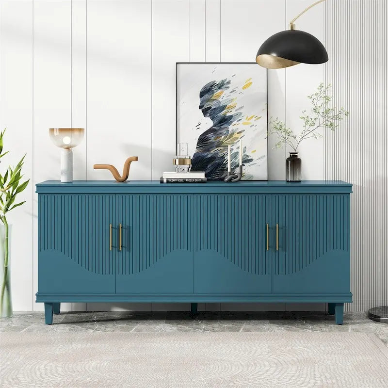 Armoire de rangement en bois à 4 portes bleu/champagne avec étagères réglables