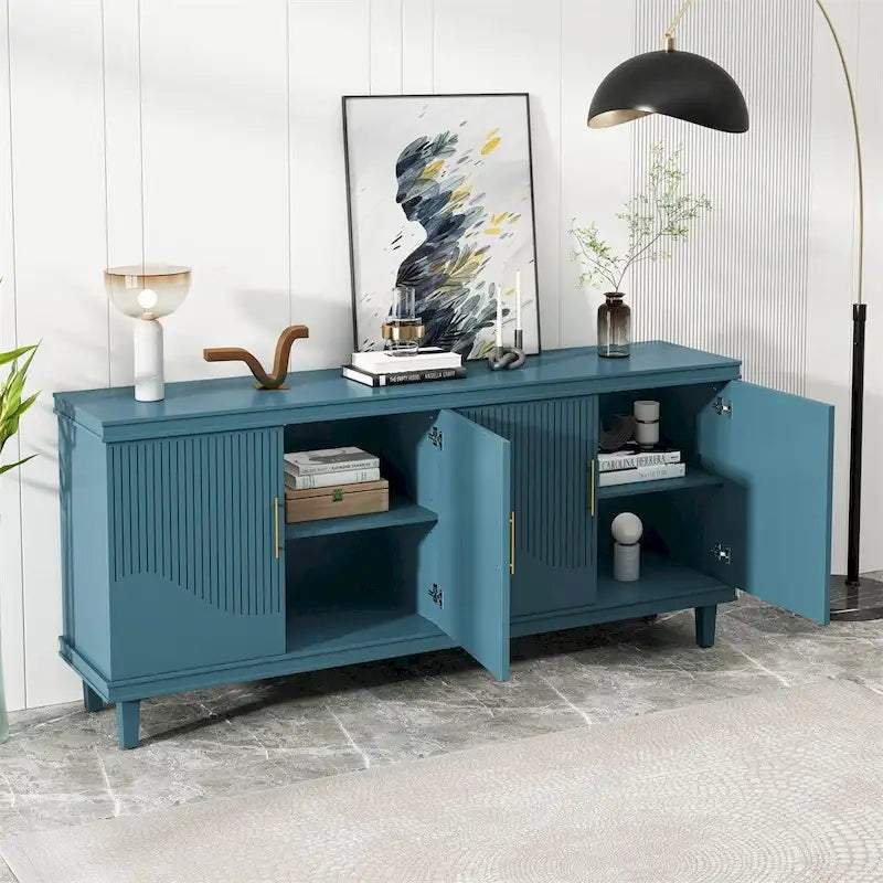 Armoire de rangement en bois à 4 portes bleu/champagne avec étagères réglables