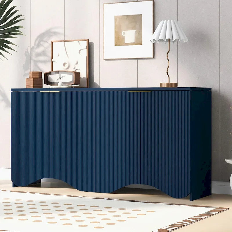 Armoire de rangement à quatre portes à rayures ondulées bleu marine / blanc / noir
