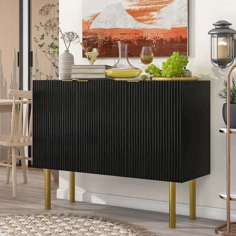Buffet 3 portes noir/blanc avec étagères réglables et pieds en métal doré
