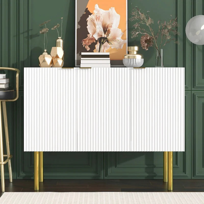 Buffet 3 portes noir/blanc avec étagères réglables et pieds en métal doré