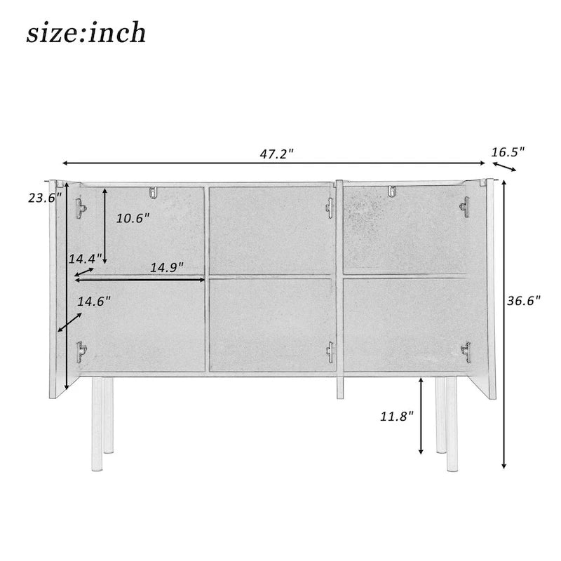 Buffet 3 portes noir/blanc avec étagères réglables et pieds en métal doré
