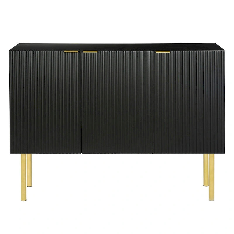 Buffet 3 portes noir/blanc avec étagères réglables et pieds en métal doré