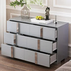 Commode moderne 6 tiroirs Noyer / Blanc avec miroir pour chambre et salon