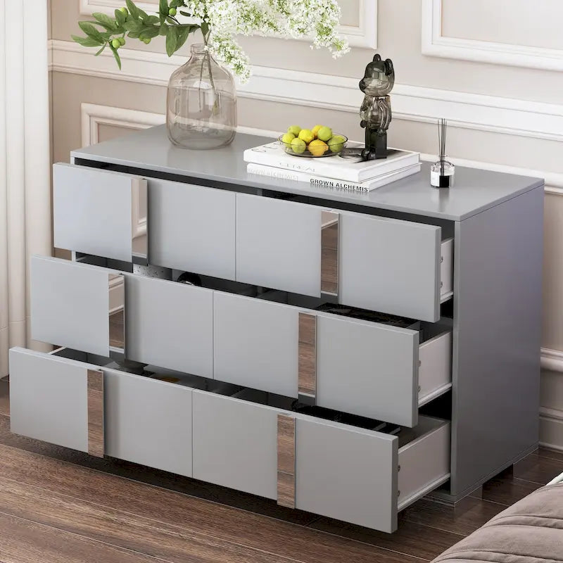 Commode moderne 6 tiroirs Noyer / Blanc avec miroir pour chambre et salon