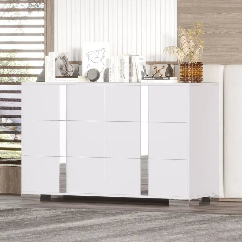 Commode moderne 6 tiroirs Noyer / Blanc avec miroir pour chambre et salon