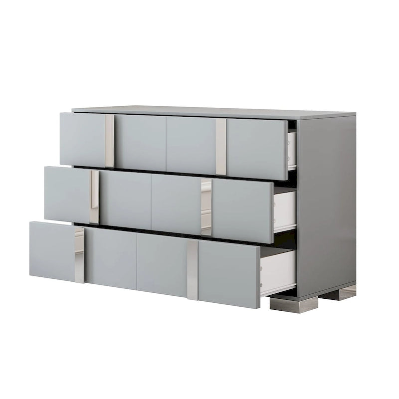 Commode moderne 6 tiroirs Noyer / Blanc avec miroir pour chambre et salon
