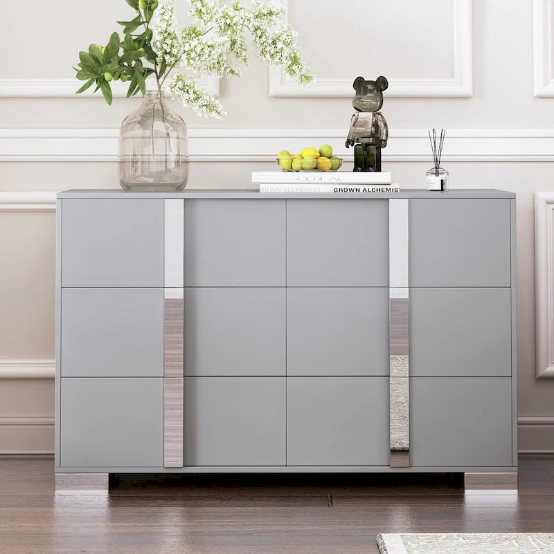 Commode moderne 6 tiroirs Noyer / Blanc avec miroir pour chambre et salon