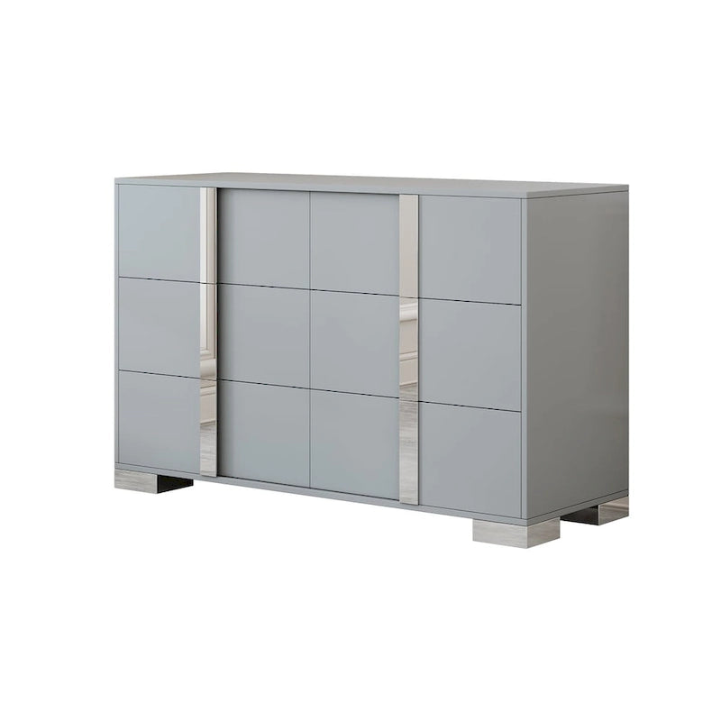 Commode moderne 6 tiroirs Noyer / Blanc avec miroir pour chambre et salon