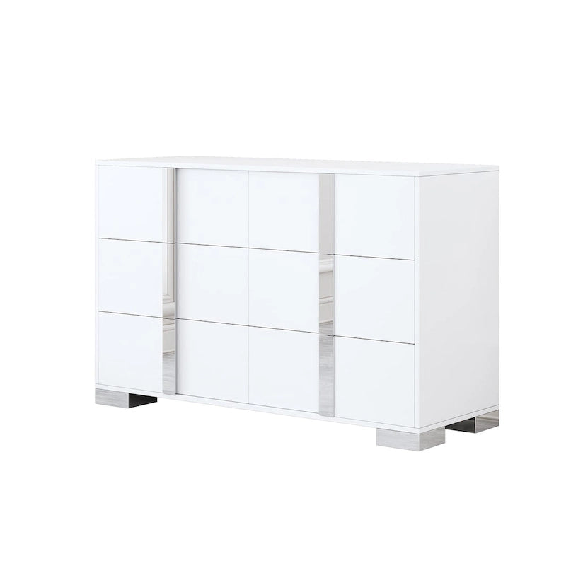 Commode moderne 6 tiroirs Noyer / Blanc avec miroir pour chambre et salon