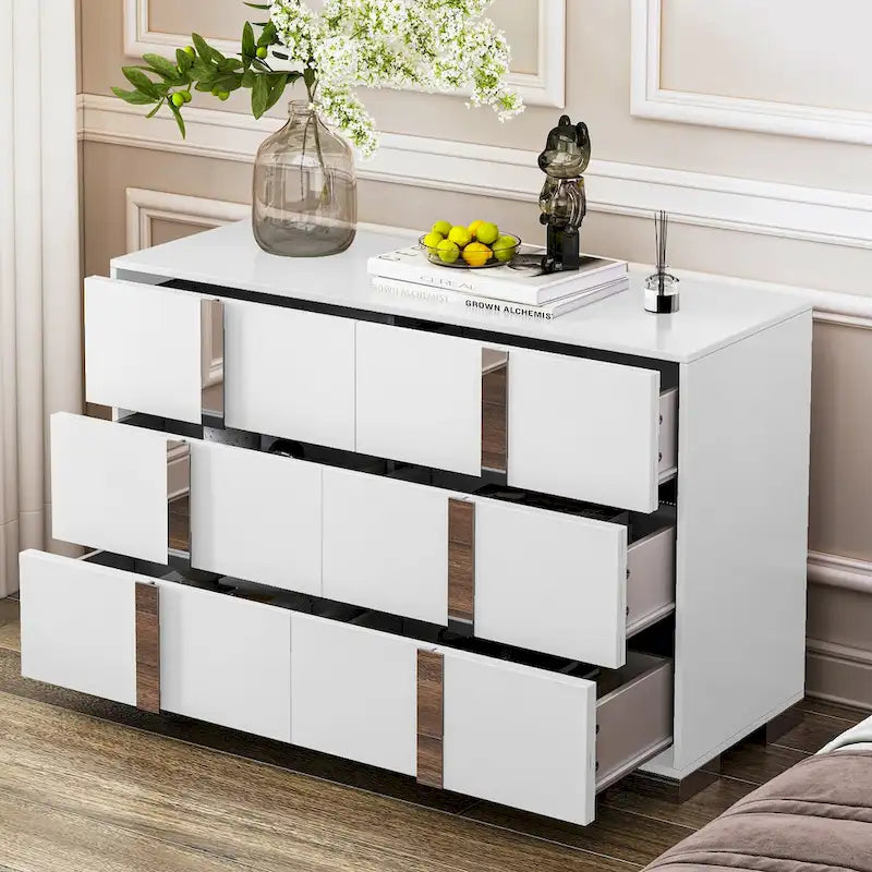 Commode moderne 6 tiroirs Noyer / Blanc avec miroir pour chambre et salon