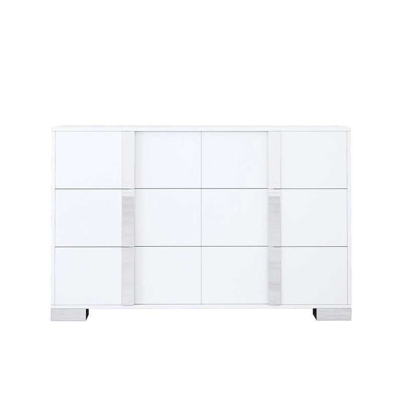 Commode moderne 6 tiroirs Noyer / Blanc avec miroir pour chambre et salon