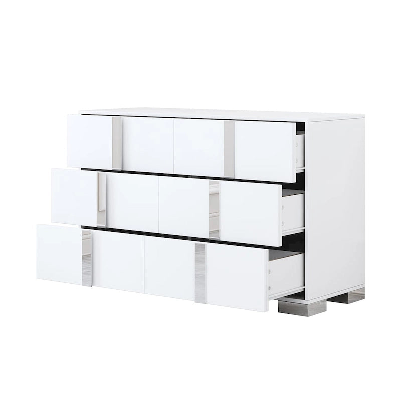 Commode moderne 6 tiroirs Noyer / Blanc avec miroir pour chambre et salon