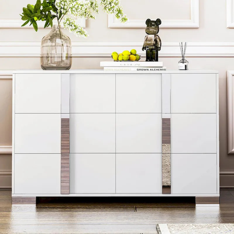 Commode moderne 6 tiroirs Noyer / Blanc avec miroir pour chambre et salon