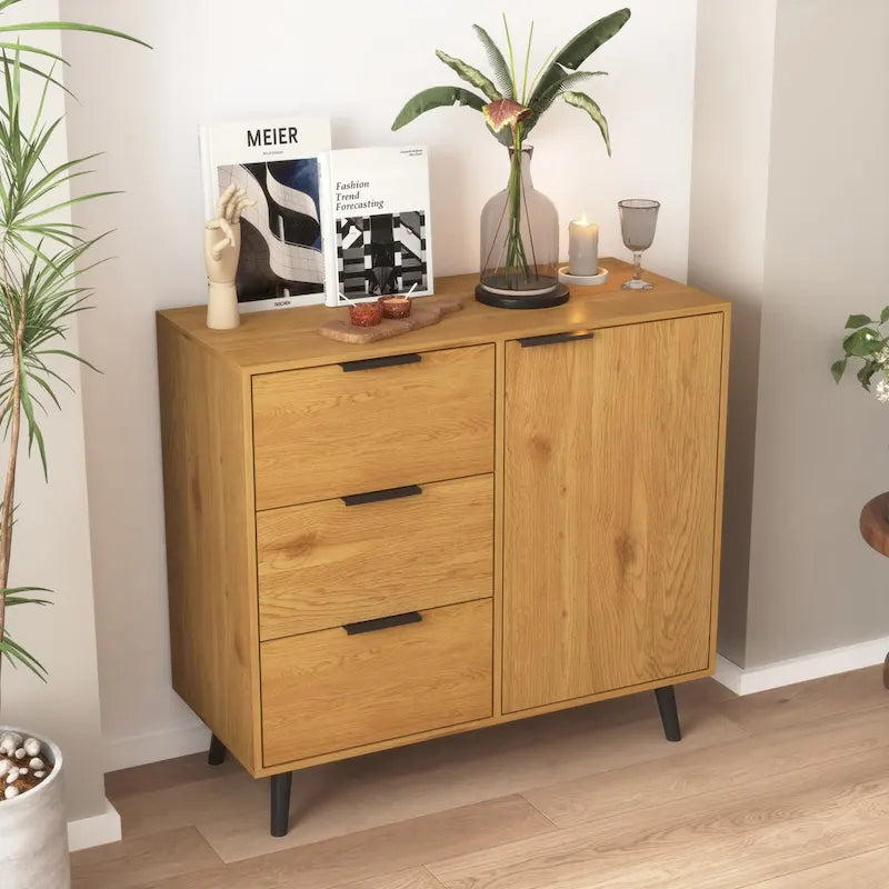Meuble de rangement mi-siècle en bois naturel/gris avec 3 tiroirs, étagère réglable à 1 porte, 2 couleurs