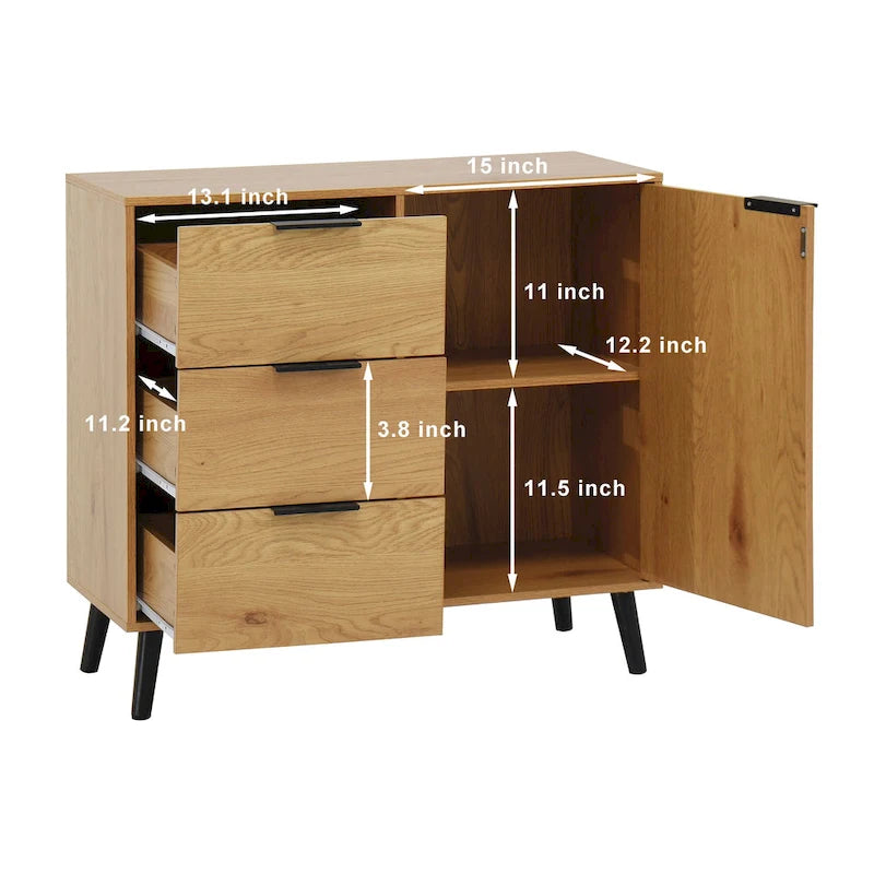 Meuble de rangement mi-siècle en bois naturel/gris avec 3 tiroirs, étagère réglable à 1 porte, 2 couleurs