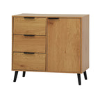 Meuble de rangement mi-siècle en bois naturel/gris avec 3 tiroirs, étagère réglable à 1 porte, 2 couleurs