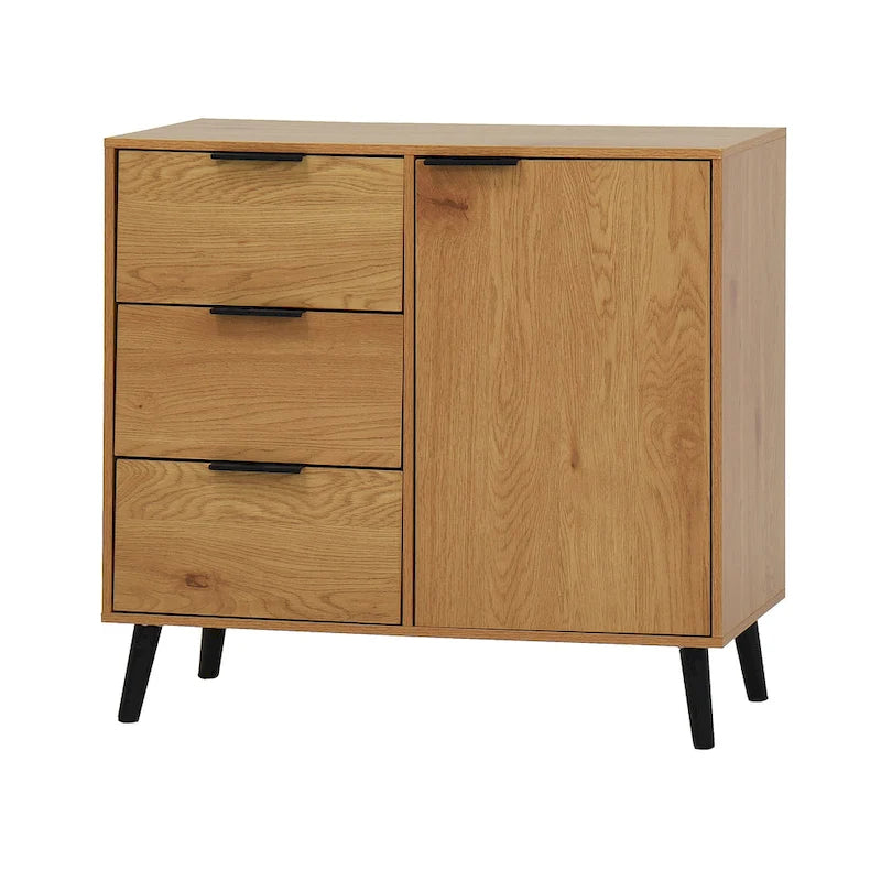 Meuble de rangement mi-siècle en bois naturel/gris avec 3 tiroirs, étagère réglable à 1 porte, 2 couleurs
