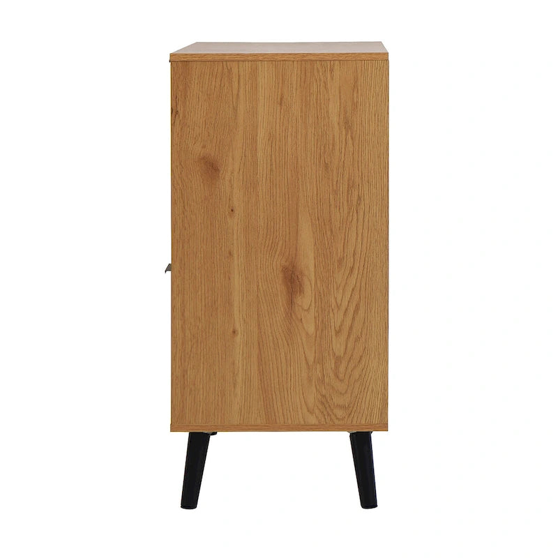 Meuble de rangement mi-siècle en bois naturel/gris avec 3 tiroirs, étagère réglable à 1 porte, 2 couleurs