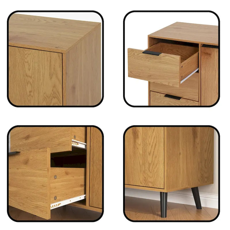 Meuble de rangement mi-siècle en bois naturel/gris avec 3 tiroirs, étagère réglable à 1 porte, 2 couleurs