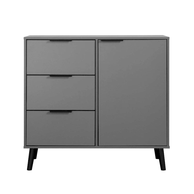 Meuble de rangement mi-siècle en bois naturel/gris avec 3 tiroirs, étagère réglable à 1 porte, 2 couleurs