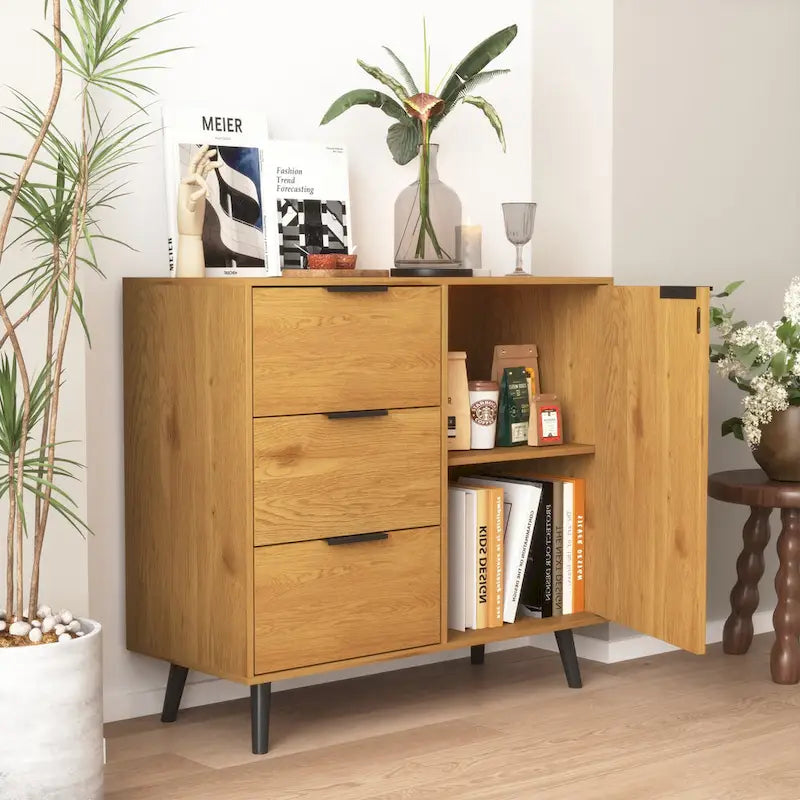 Meuble de rangement mi-siècle en bois naturel/gris avec 3 tiroirs, étagère réglable à 1 porte, 2 couleurs
