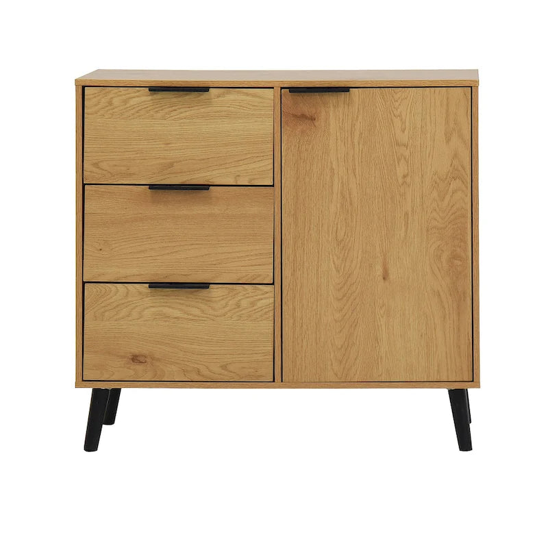 Meuble de rangement mi-siècle en bois naturel/gris avec 3 tiroirs, étagère réglable à 1 porte, 2 couleurs