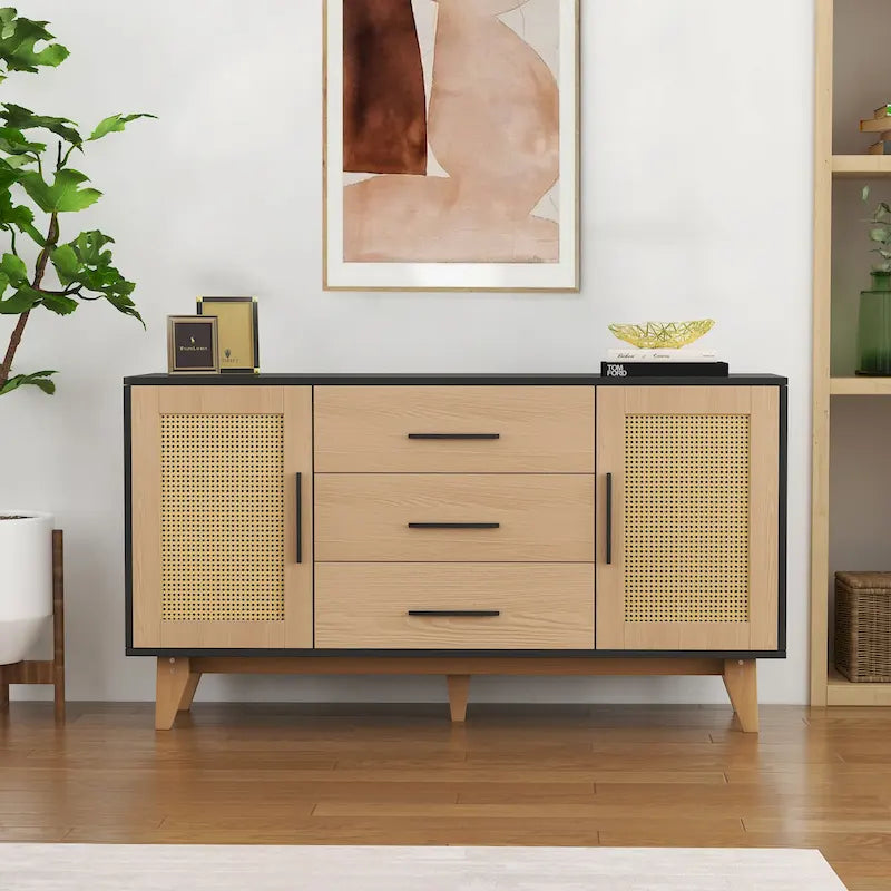 Meuble de rangement en rotin noir et blanc 150 cm – 3 tiroirs, étagères réglables, assemblage par 1 personne