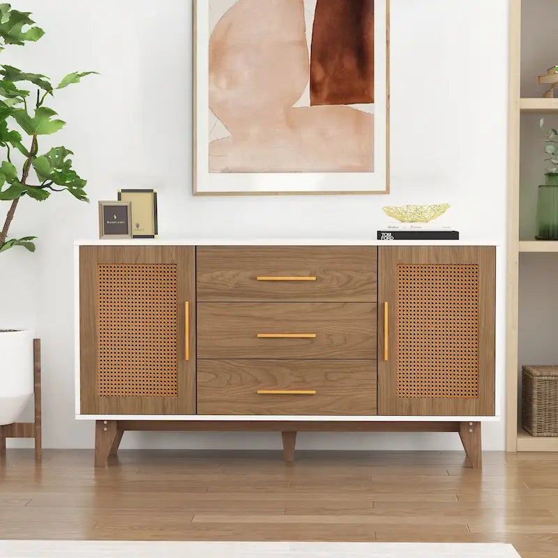 Meuble de rangement en rotin noir et blanc 150 cm – 3 tiroirs, étagères réglables, assemblage par 1 personne