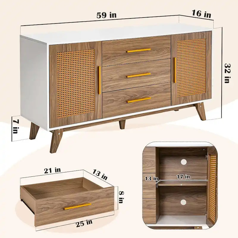 Meuble de rangement en rotin noir et blanc 150 cm – 3 tiroirs, étagères réglables, assemblage par 1 personne