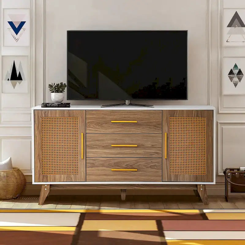 Meuble de rangement en rotin noir et blanc 150 cm – 3 tiroirs, étagères réglables, assemblage par 1 personne