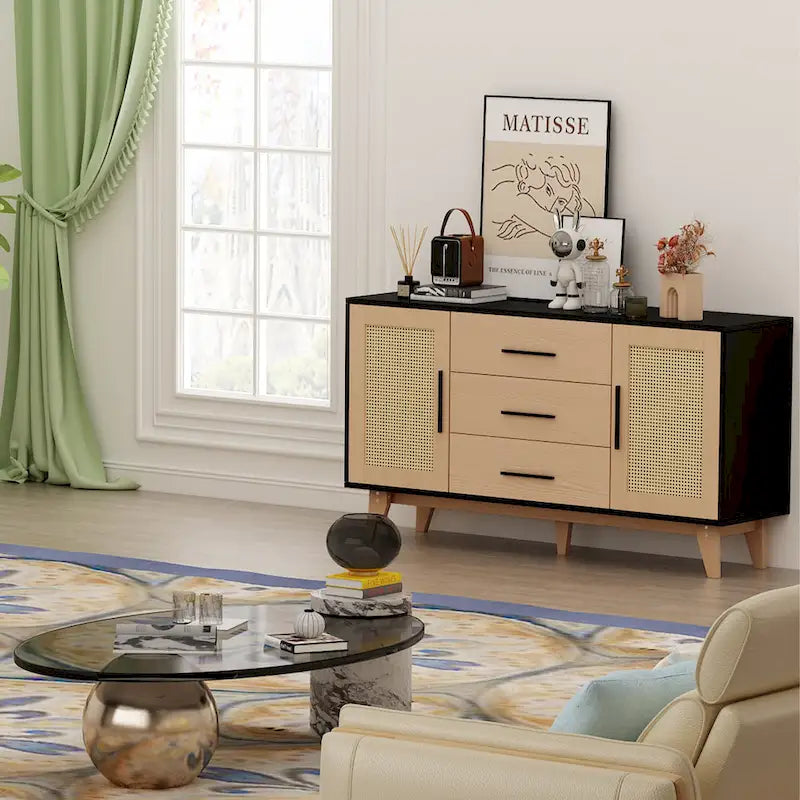 Meuble de rangement en rotin noir et blanc 150 cm – 3 tiroirs, étagères réglables, assemblage par 1 personne