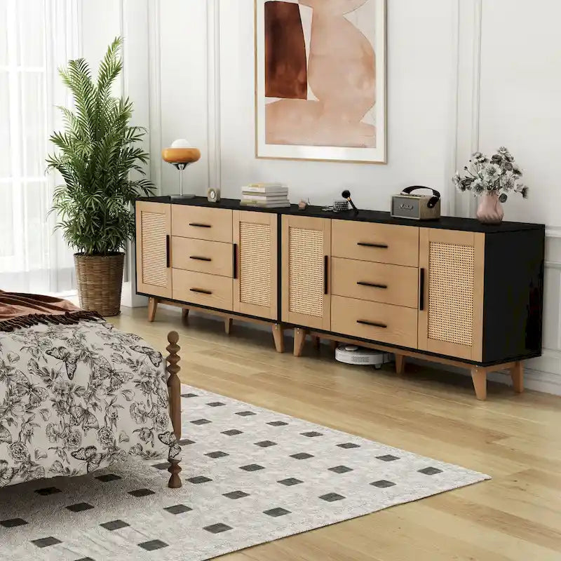Meuble de rangement en rotin noir et blanc 150 cm – 3 tiroirs, étagères réglables, assemblage par 1 personne
