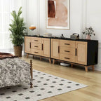 Meuble de rangement en rotin noir et blanc 150 cm – 3 tiroirs, étagères réglables, assemblage par 1 personne