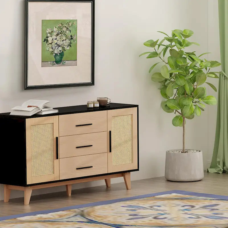 Meuble de rangement en rotin noir et blanc 150 cm – 3 tiroirs, étagères réglables, assemblage par 1 personne