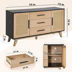 Meuble de rangement en rotin noir et blanc 150 cm – 3 tiroirs, étagères réglables, assemblage par 1 personne