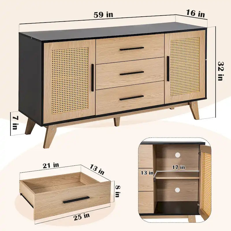 Meuble de rangement en rotin noir et blanc 150 cm – 3 tiroirs, étagères réglables, assemblage par 1 personne