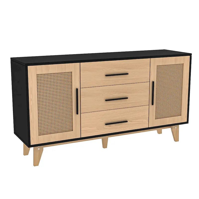 Meuble de rangement en rotin noir et blanc 150 cm – 3 tiroirs, étagères réglables, assemblage par 1 personne