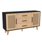 Meuble de rangement en rotin noir et blanc 150 cm – 3 tiroirs, étagères réglables, assemblage par 1 personne