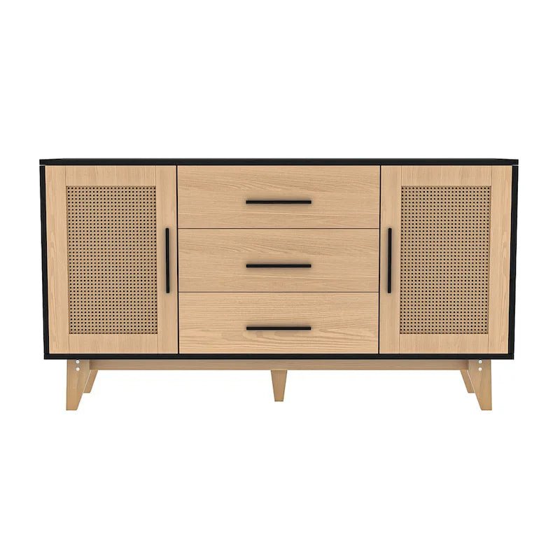 Meuble de rangement en rotin noir et blanc 150 cm – 3 tiroirs, étagères réglables, assemblage par 1 personne