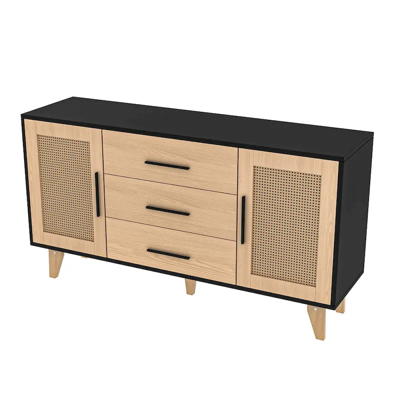 Meuble de rangement en rotin noir et blanc 150 cm – 3 tiroirs, étagères réglables, assemblage par 1 personne