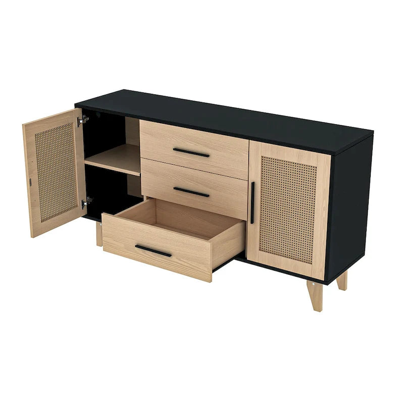Meuble de rangement en rotin noir et blanc 150 cm – 3 tiroirs, étagères réglables, assemblage par 1 personne