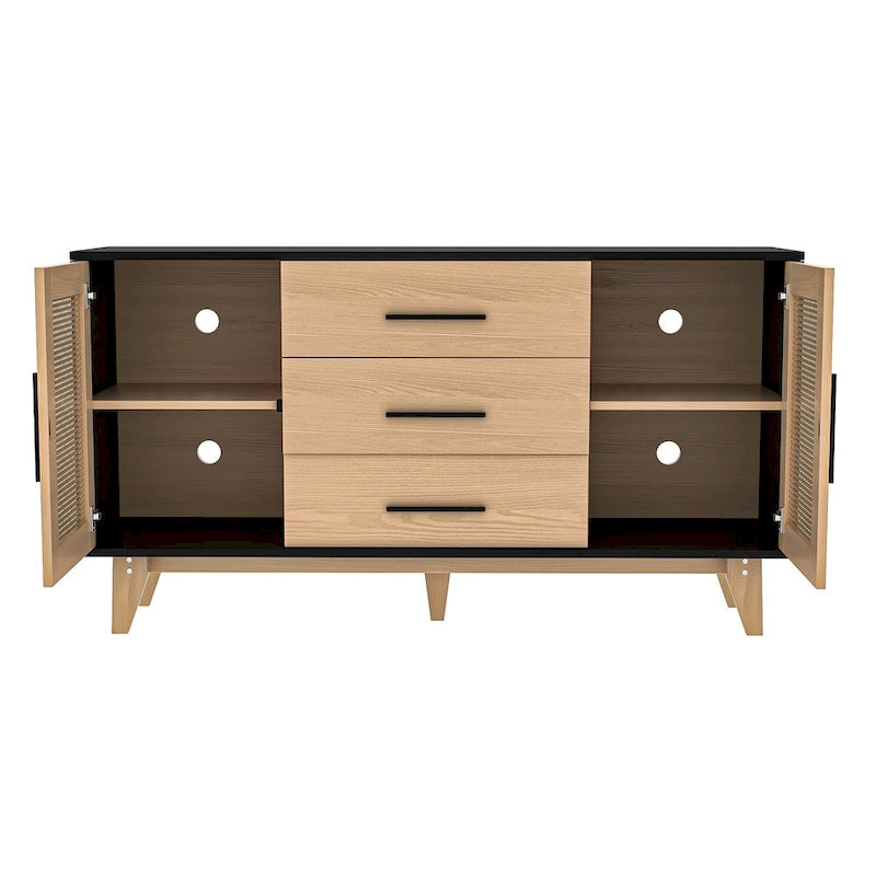 Meuble de rangement en rotin noir et blanc 150 cm – 3 tiroirs, étagères réglables, assemblage par 1 personne
