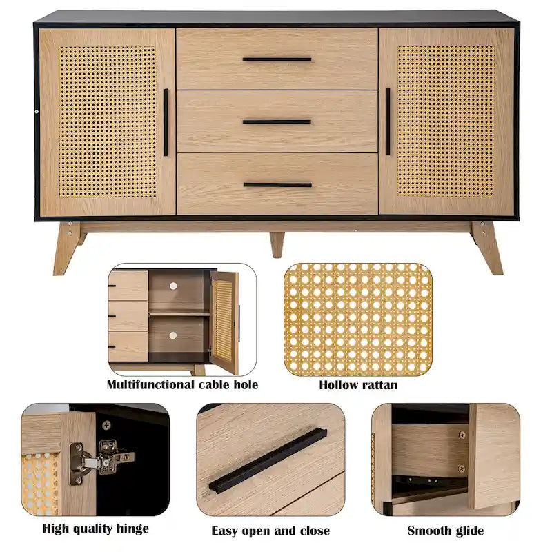 Meuble de rangement en rotin noir et blanc 150 cm – 3 tiroirs, étagères réglables, assemblage par 1 personne