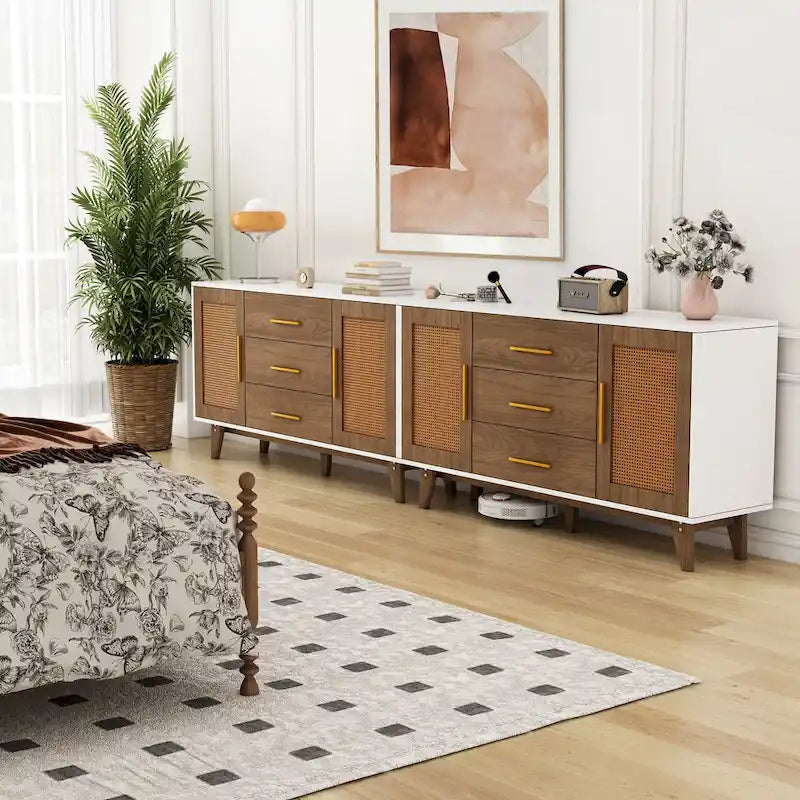 Meuble de rangement en rotin noir et blanc 150 cm – 3 tiroirs, étagères réglables, assemblage par 1 personne
